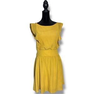 Ivy Chic Mustard Ruffle Sleeves Gathered Waist Cutout Tie Back Mini Dress